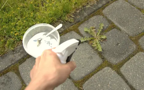 Ręka trzymająca opryskiwacz na zielsko, celując w chwast rosnący między kostkami brukowymi. Obok stoi pojemnik z białym proszkiem i łyżeczką.