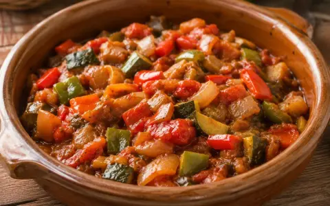 Un delicioso pisto de calabacín, pimientos y tomate en una cazuela de barro. ¡Perfecto para aprender como hacer pisto de calabacín!