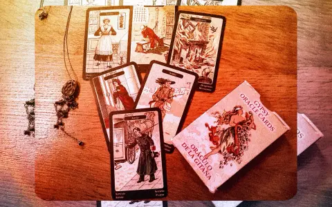 Karty cygańskie i pudełko z napisem "Gypsy Oracle Cards" na drewnianym tle.