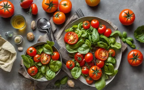 Deux salades de tomates fraîches et basilic, avec des tomates entières et coupées, sur fond gris.