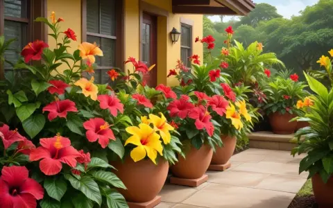 En rad krukor med färgglad hibiskus utomhus i Sverige, som skapar en tropisk känsla vid ett gult hus.