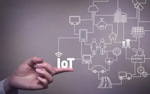 A hand points to the word "IoT," illustrating the vast network of connected devices and systems that offer significant **iot benefits for business**, from smart homes to factories.