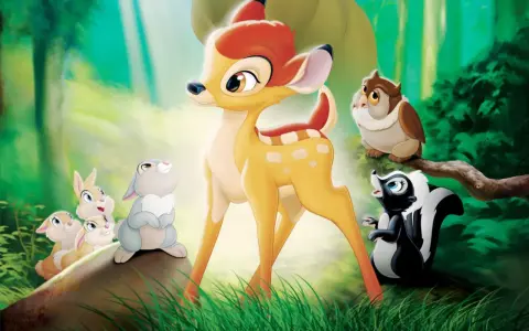 Bambi, urocza bajka z leśnymi przyjaciółmi: sarenką, zajączkami, sową i skunksikiem.