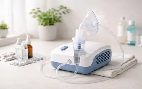 Nebulizator z maską, gotowy do podania leku w formie mgiełki. Na blacie obok leki i buteleczki.