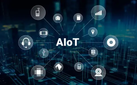 AIoT concept with icons representing devices and services, illustrating seamless iot integration.