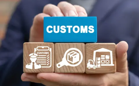 Klocki z symbolami celnymi i napisem "CUSTOMS" ilustrują proces odprawy towarów importowanych.