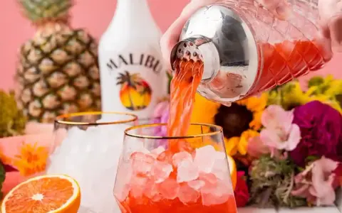 Malibu z sokiem ananasowym nalewany do szklanki z lodem. W tle ananas, butelka Malibu i kwiaty.