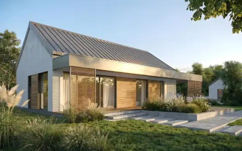 Nowoczesny dom z drewnianymi elementami, idealny do projektowania domów energooszczędnych. Otoczony zielenią, z dużymi oknami i tarasem.