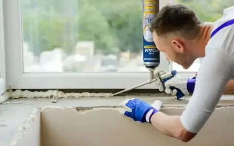 Mężczyzna w rękawiczkach nakłada piankę montażową na parapet. Czas, ile schnie pianka montażowa, zależy od warunków.