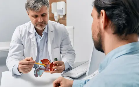 Lekarz omawia z pacjentem model układu moczowo-płciowego, wskazując na cewkę moczową.