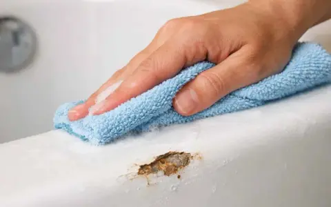 Main d'une personne nettoyant une rayure sur une baignoire en acrylique avec un chiffon bleu.