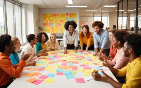 En grupp glada människor samlade runt ett bord täckt av färgglada post-it-lappar. En inspirerande scen för saker att hitta på med sin partner, som att brainstorma idéer tillsammans.