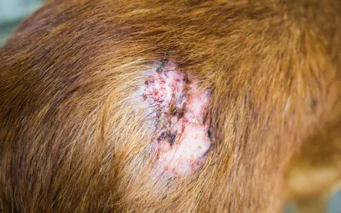 Lesión cutánea en un perro, posiblemente por sarna. La piel está enrojecida, con costras y pérdida de pelo.