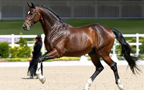 Un magnifique cheval bai, aux crins noirs, effectue un mouvement gracieux sur le sable. Un cheval AES, prêt pour la compétition.