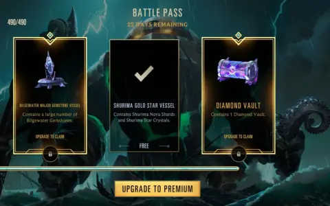 Ekran gry z menu BATTLE PASS. Widoczne nagrody: Bilgewater Major Gemstone Vessel, Shurima Gold Star Vessel (darmowy) i Diamond Vault.