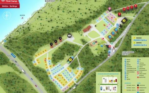 Karta över First Camp Mellsta - Borlänge med campingplatser, stugor, servicehus och faciliteter vid Dalälven.