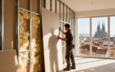 Obrero instala panel de pladur en estructura metálica, paso clave para como hacer una pared de pladur. Vista de Barcelona al fondo.