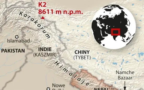 K2, gdzie jest? Na mapie widać K2 (8611 m n.p.m.) w Karakorum, na granicy Pakistanu i Chin (Tybetu), niedaleko Indii (Kaszmir).