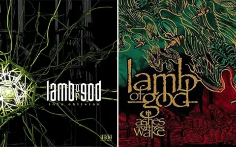 Behold the Lamb of God album covers: "Into Oblivion" with a glowing geometric orb and "Ashes of the Wake" with a skeletal dragon.