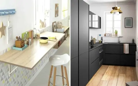 Plan petite cuisine : un coin repas clair avec table rabattable et un coin moderne tout en noir.