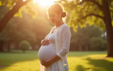 Kobieta w wieku 48 lat cieszy się naturalną ciążą, trzymając dłonie na brzuchu w promieniach zachodzącego słońca w parku.