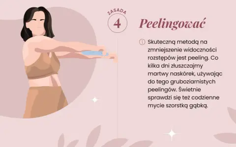 Kobieta wykonuje peeling, by zmniejszyć widoczność rozstępów. Domowe sposoby na rozstępy to m.in. peeling.