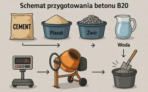 Schemat przygotowania betonu B20: cement, piasek, żwir i woda są ważone i mieszane w betoniarce.