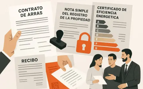 Documentos clave para la escritura pública de vivienda: contrato, nota simple, certificado energético y recibo.