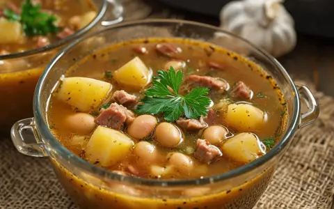 Dos cuencos de cristal con caldo gallego, patatas, alubias y carne.