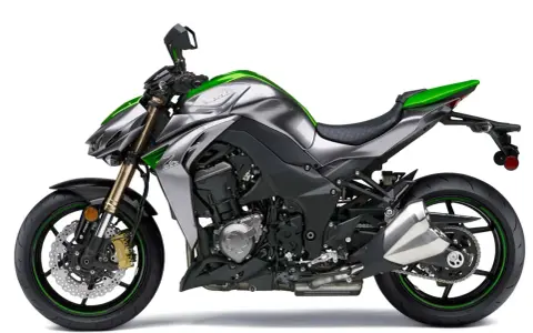Srebrno-zielony Kawasaki Z1000 z agresywnym designem, gotowy do podboju dróg.