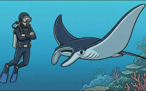 Subacqueo osserva una manta, uno dei magnifici animali dell'oceano, nuotare tra coralli colorati.