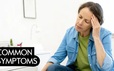 Kobieta z bólem głowy, być może związany z problemem kręgu szyjnego C1. Napis "COMMON SYMPTOMS".
