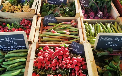 Un étal de marché débordant de légumes frais, offrant un aperçu des spécialités de Bretagne : radis, fèves, rhubarbe, navets, betteraves et choux rave.