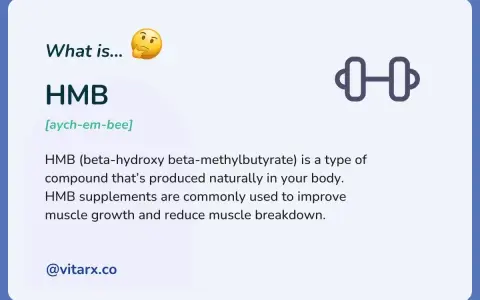 HMB co to? To beta-hydroksy beta-metylomaślan, związek naturalnie produkowany w ciele, wspierający wzrost mięśni. Ikona hantli symbolizuje jego zastosowanie.