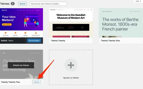 Interface WordPress pour la gestion des thèmes. Un bouton "Ajouter" est visible, suggérant l'ajout d'un nouveau thème, comme pour un wordpress upload file.