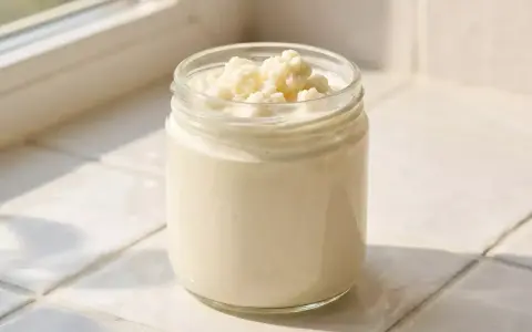 Ein Glas Kefir mit lebenden Kulturen, bereit für die Zubereitung von Kefir-Brot.