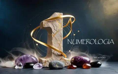 Kamienna jedynka z złotymi żyłkami, otoczona kryształami i mgłą, symbolizuje numerologię.