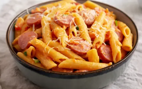 Penne z sosem pomidorowym i plasterkami kiełbasy, posypane startym parmezanem. Pyszne danie makaron z kiełbasą.
