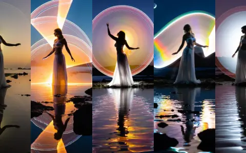 Silhouette di donna in abito bianco su sfondo di luce colorata e riflessi sull'acqua. Un'opera di light painting.