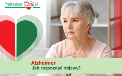 Zmartwiona starsza kobieta, symbol serca i napis "Alzheimer. Jak rozpoznać objawy?".
