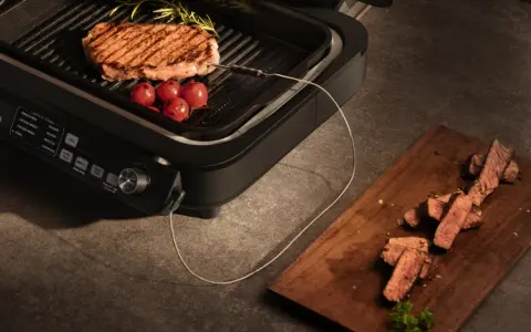 Idealne grillowanie na grillu elektrycznym. Soczysty stek z pomidorkami i rozmarynem, a obok pokrojone mięso na desce.