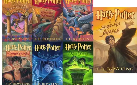 Okładki książek z uniwersum Harry'ego Pottera: Kamień Filozoficzny, Komnata Tajemnic, Więzień Azkabanu, Czara Ognia, Zakon Feniksa, Książę Półkrwi i Insygnia Śmierci.