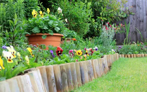 Un joli parterre de pensées colorées délimite le jardin avec une bordure en bois.