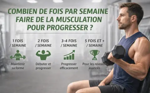Un homme musclé soulève une haltère. L'image explique combien de fois par semaine faire de la musculation pour progresser, idéal pour un jour de repos musculation.