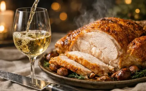 Un chapon rôti, tranché et fumant, servi avec des marrons. Un verre de vin blanc est versé, parfait pour accompagner ce plat festif. Quel vin avec du chapon ?