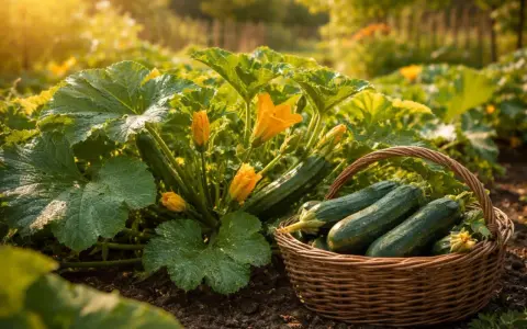Frisch geerntete Zucchini liegen in einem Korb neben der Pflanze mit gelben Blüten. Ein perfekter Moment für die Zucchini-Ernte im warmen Abendlicht.