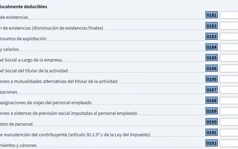 Lista de gastos fiscalmente deducibles: compra de existencias, sueldos, seguridad social, dietas y otros gastos de personal.