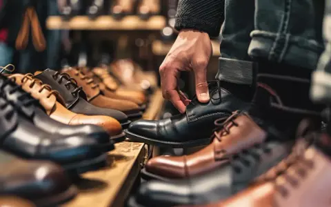 En hand justerar en svart lädersko. Flera par herrskor i olika färger och modeller visas upp i en butik. Viktigt att veta hur mycket utrymme i skor vuxen behöver.