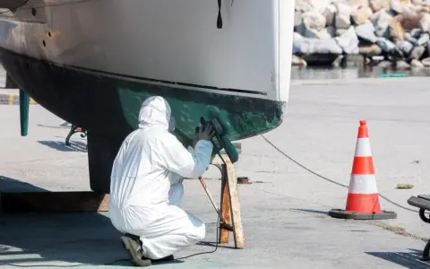 Person in Schutzanzug schleift den Rumpf eines Bootes. Die Arbeit am Boot schleifen erfordert Sorgfalt.