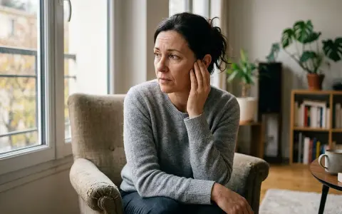 Femme assise près d'une fenêtre, le regard perdu, une main sur l'oreille comme pour entendre un bip dans l'oreille.
